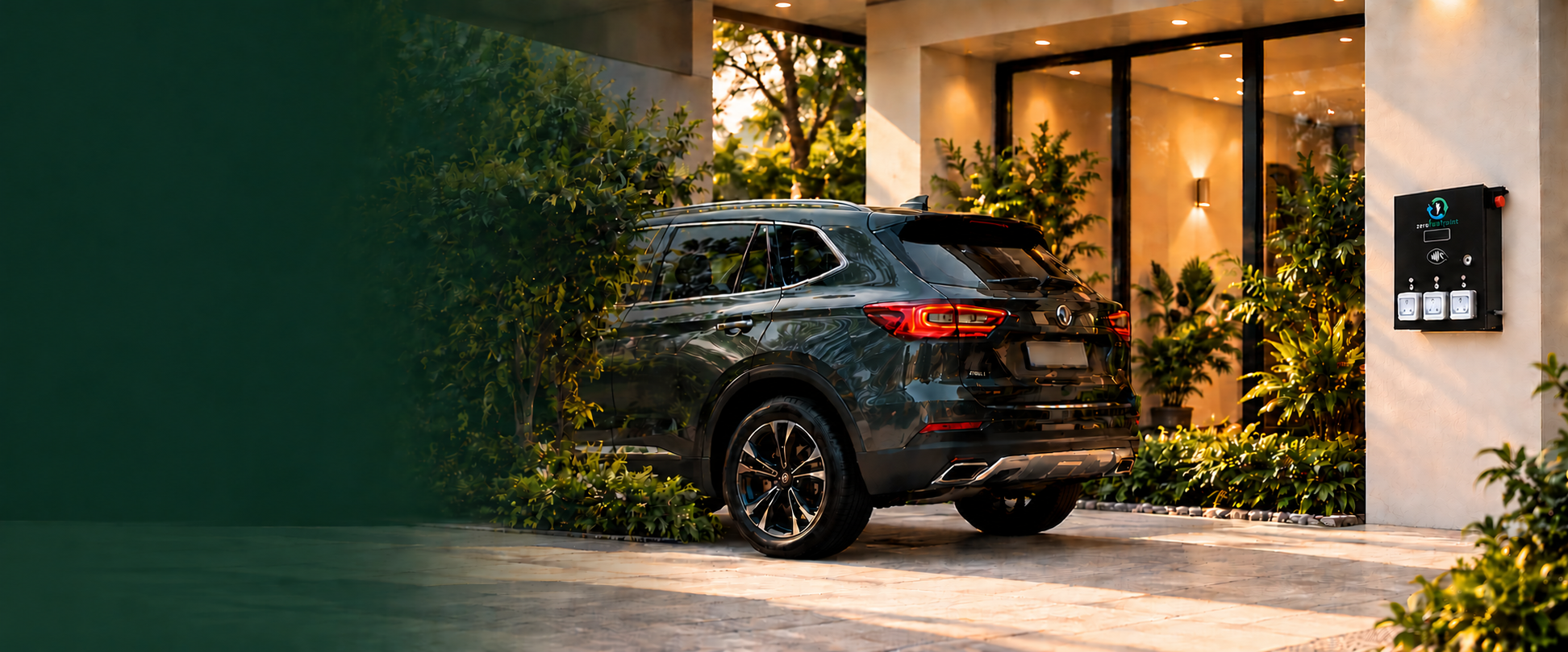 ZeroFootprint home EV charger mounted beside a luxury SUV at golden hour