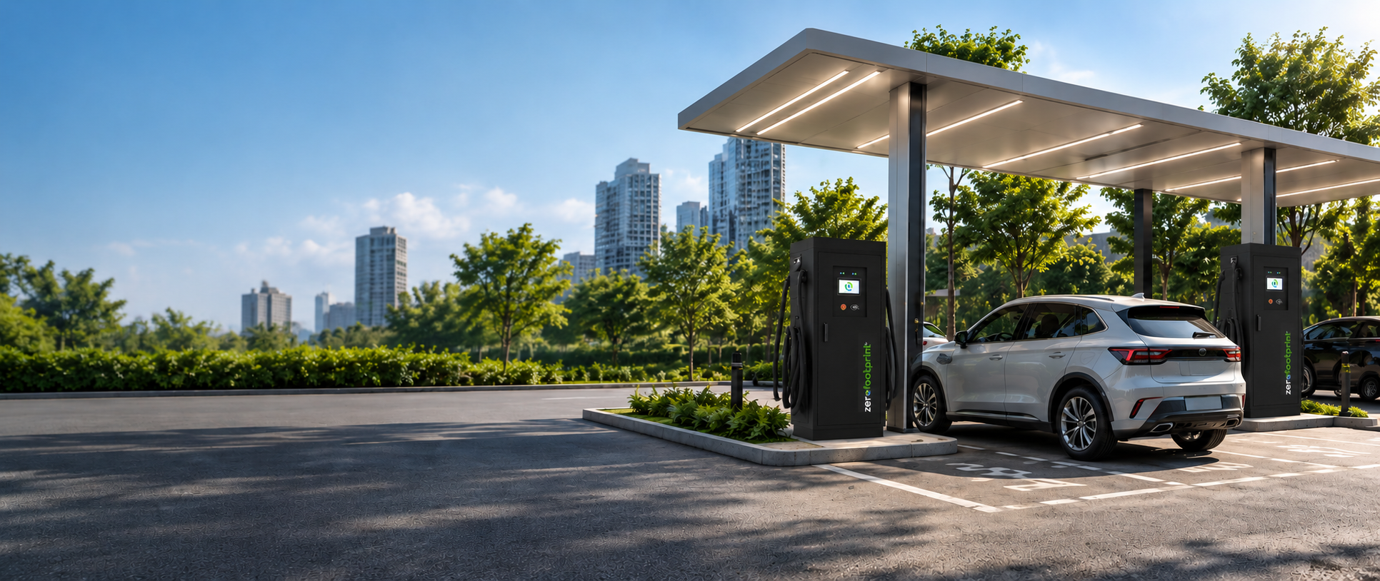 ZeroFootprint public EV charging canopy with a city skyline in the background