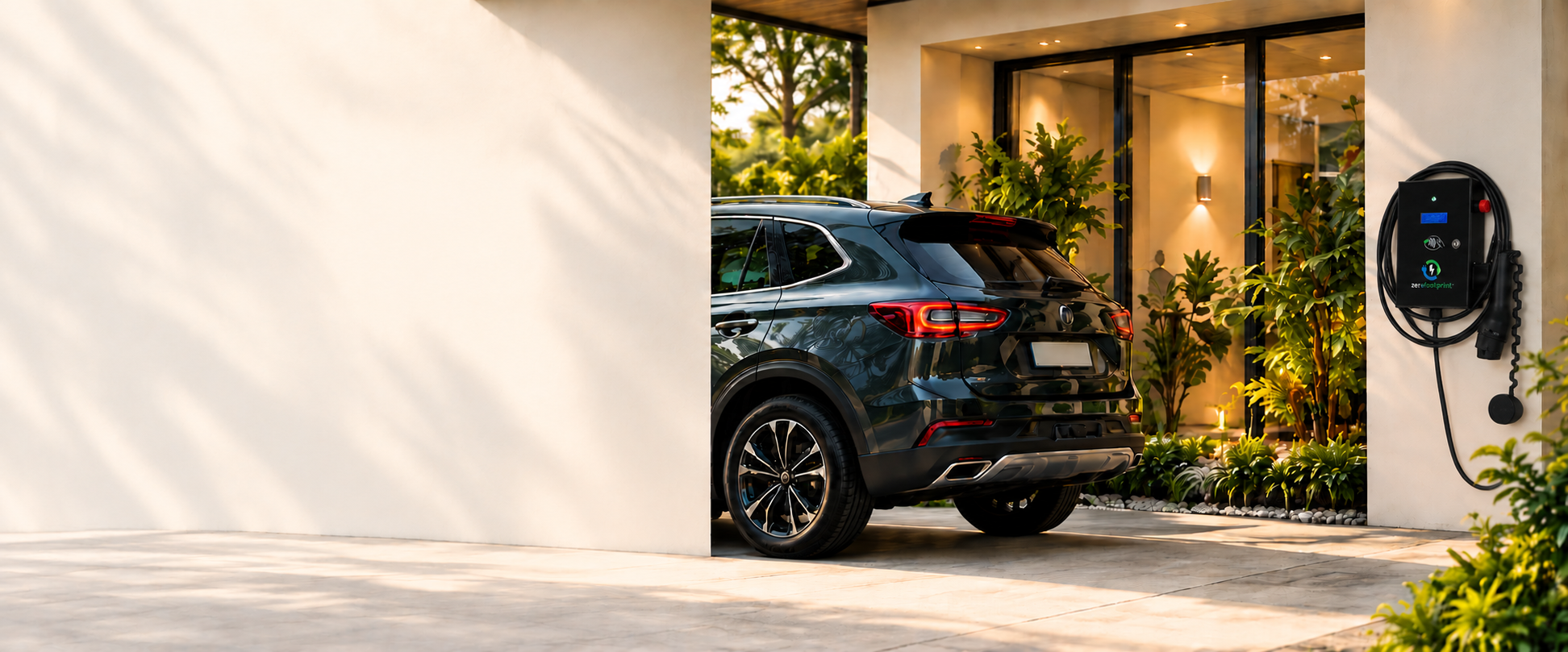 ZeroFootprint home EV charger installed at a modern home driveway